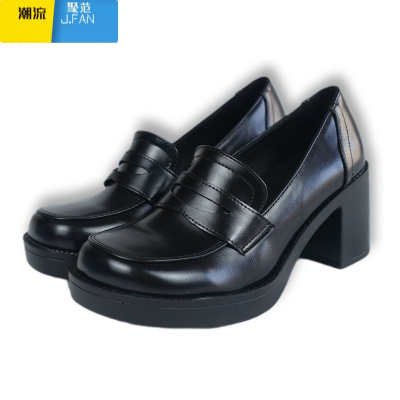 聚范V1802高跟圆头学生制服鞋JK学院风COS表演鞋女单鞋擦色日常中口