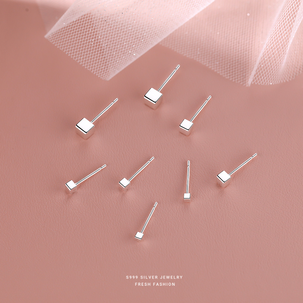 s999足银简约小巧耳钉女小清新风百搭小众高级感气质方型耳饰批发送女朋友老婆情人节七夕生日礼物