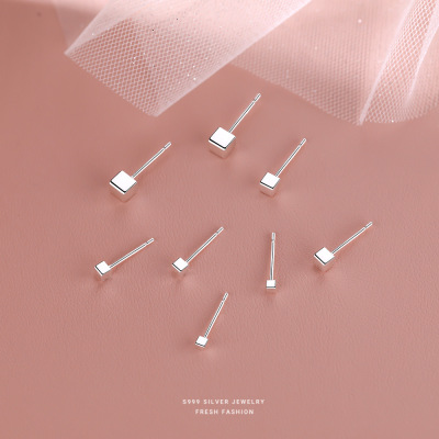s999足银简约小巧耳钉女小清新风百搭小众高级感气质方型耳饰批发送女朋友老婆情人节七夕生日礼物
