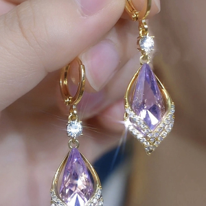 轻奢百搭紫色水晶耳环高级感2025年新款镶钻超闪耳饰气质几何耳坠送女朋友老婆情人节七夕生日礼物 紫色耳环