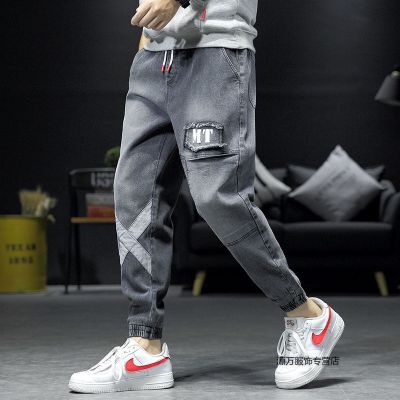 珂卡慕(KEKAMU)裤子男春韩版潮流ins百搭牛仔裤男潮牌宽松男士休闲长裤束脚930深灰M