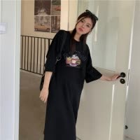 6535棉夏季新款韩版宽松字母印花学生开叉短袖中长款连衣裙女INS