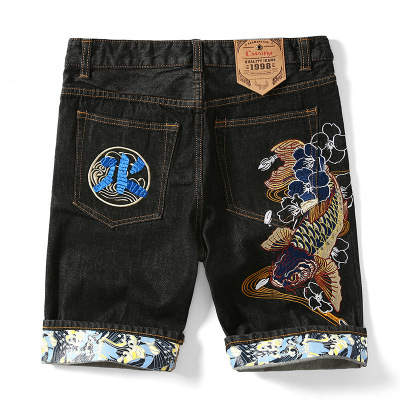 新款五分裤中国风鲤鱼刺绣直筒短裤日系潮牌男士牛仔裤CYLLWXS