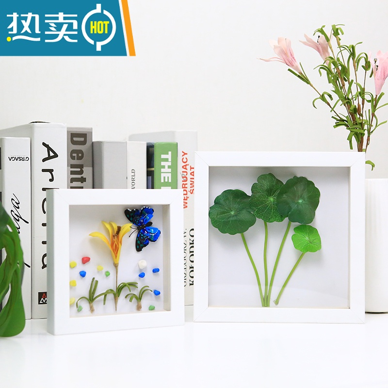 敬平中空3d立体小相框摆台创意diy手工干花植物树叶标本6寸7画框装裱 清新白色[送白色衬纸、不含标本] 方7寸[17.