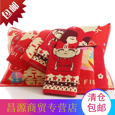 大红枕巾结婚婚庆情侣纯棉四层纱布红色喜庆加厚柔软一对