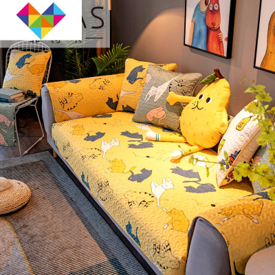 菲诗卡简约现代沙发垫套四季通用防滑布艺卡通可爱全包扶手靠背巾月影猫-品黄110*240cm御蓝锦