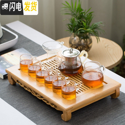 三维工匠透明玻璃茶具套装家用简约功夫茶具耐热茶壶泡茶器小套茶杯 储水《茶叶人生》茶盘+10头玻璃龙把把杯套装