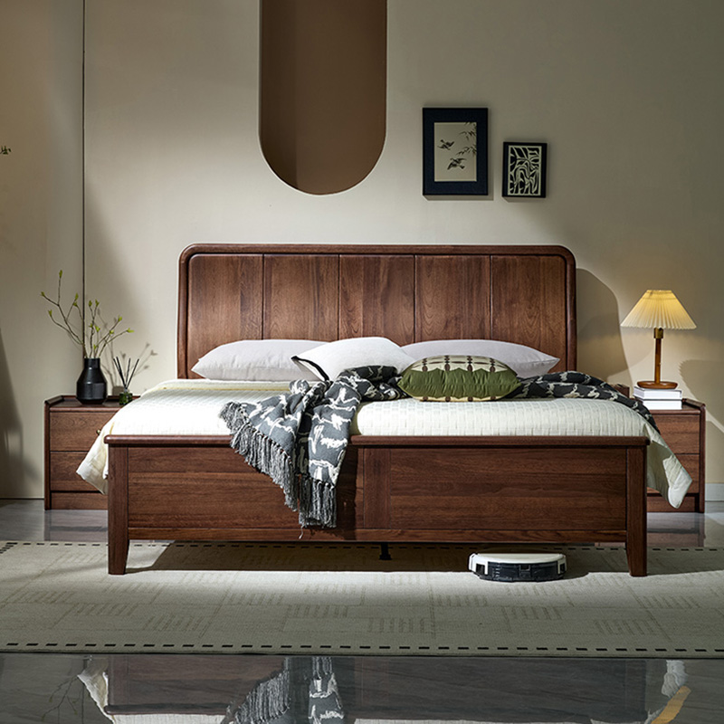 青木川 简约现代胡桃木实木床1.8米双人床1.5米x2m主卧室房间小户型家用休闲成人结婚榫卯床架床铺