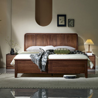 青木川 简约现代胡桃木实木床1.8米双人床1.5米x2m主卧室房间小户型家用休闲成人结婚榫卯床架床铺