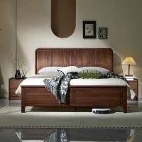 青木川 简约现代胡桃木实木床1.8米双人床1.5米x2m主卧室房间小户型家用休闲成人结婚榫卯床架床铺