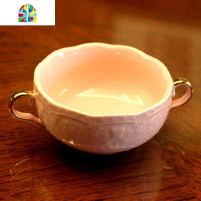 公主粉色金边双耳碗欧式浮陶瓷 奶汤碗 汤盅甜品碗 FENGHOU 粉色金边双耳碗+6寸方盘+金勺