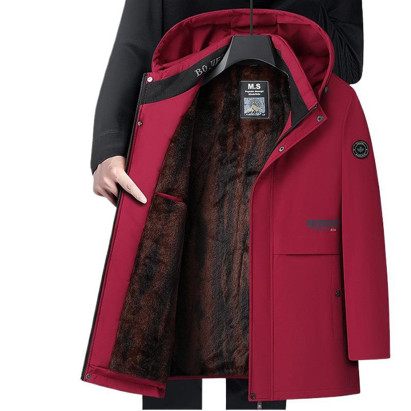中老年男士加绒加棉棉服冬季加厚棉袄连帽爸爸本命年红色冬装棉衣