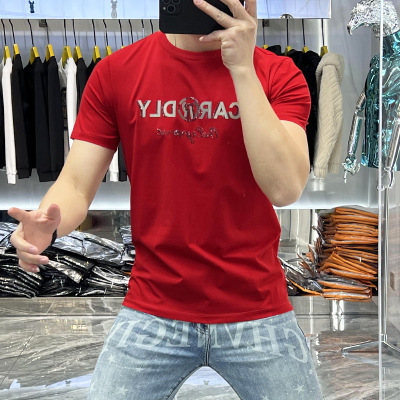 男士夏季新款个性潮流休闲时尚百搭圆领修身字母印花短袖T恤_1