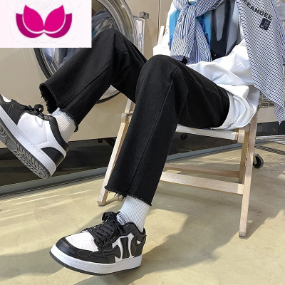 七斓夏季潮流黑色牛仔裤男港风宽松直筒裤毛边九分裤潮牌高街裤子男士