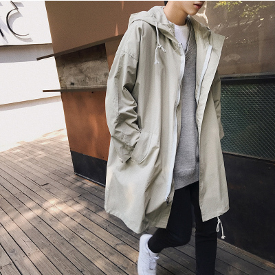 SUNTEK潮男风衣中长款工装外套2019秋季韩版青少年帅气宽松百搭连帽夹克风衣