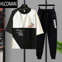 HLCOMAN胖子短袖套装加肥加大码T恤套胖子男装长裤休闲套装夏季薄款