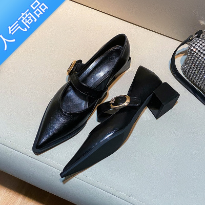 SUNTEK英伦风粗跟玛丽珍鞋女2023新款夏季软皮复古一字扣带高跟鞋