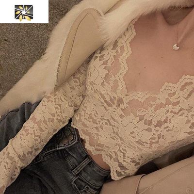 暖青汇法式V领性感气质蕾丝打底衫女2020新款内搭白色短款长袖网纱上衣蕾丝衫