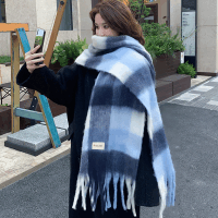 啄木鸟2025新款蓝白格子围巾女秋冬季加厚保暖韩版氛围感围脖披肩