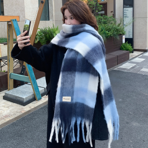 啄木鸟2025新款蓝白格子围巾女秋冬季加厚保暖韩版氛围感围脖披肩 蓝黑格子