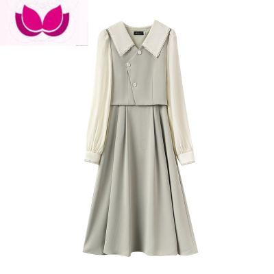 七斓法式连衣裙女2023春装新款显瘦气质茶歇裙甜美拼接假套装裙子