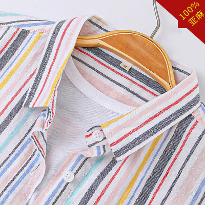 条纹花色衬衫男长袖亚麻休闲日系文艺潮流男士棉麻衬衣潮
