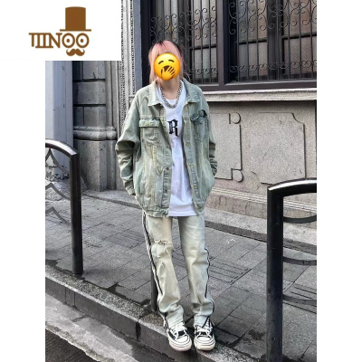 YANXU美式街头复古做旧水洗牛仔外套男女款拉链设计感宽松夹克潮