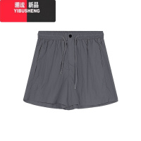 YIBUSHENG松紧腰灰色短裤女季设计感褶皱休闲裤卡其色阔腿裤运动裤直筒裤