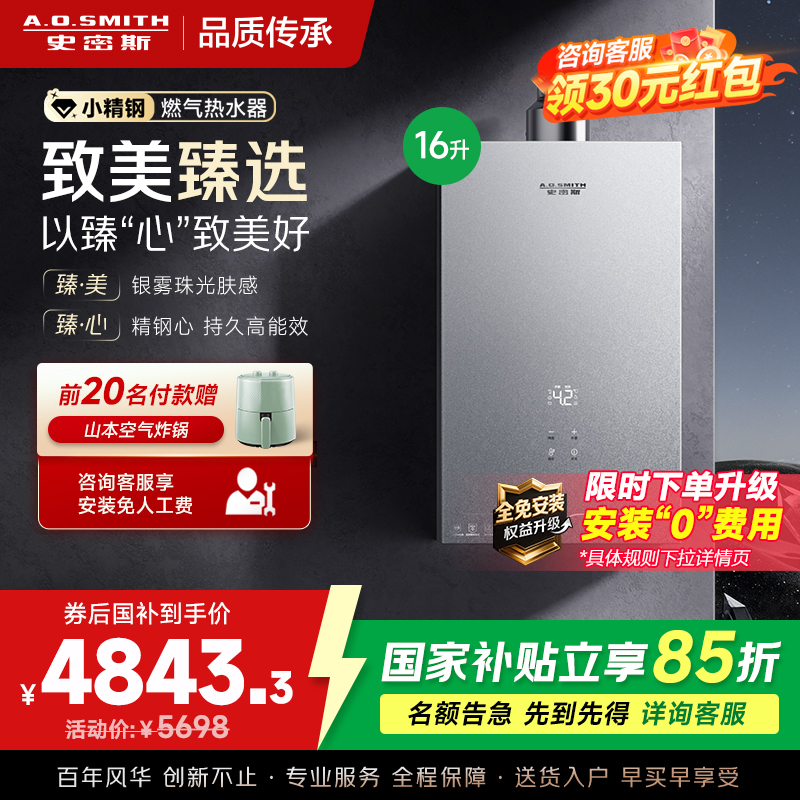 AO史密斯新品小体积16升精钢燃气热水器[小精钢EC5]静音 持久恒温 天然气 JSQ31-EC5