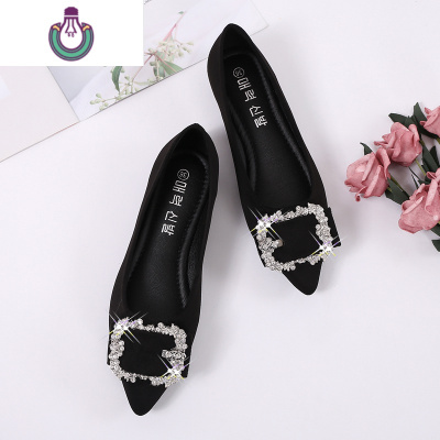 FISHBASKET2020新款平底鞋女韩版百搭尖头水钻方扣黑色单鞋女大码平底瓢鞋休闲鞋