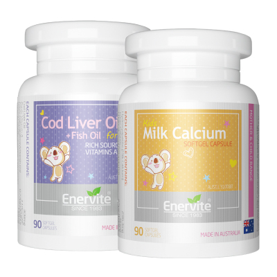 补钙护眼组合-澳乐维他Enervite婴幼儿液体乳钙90粒+鳕鱼肝油90粒澳洲原装进口