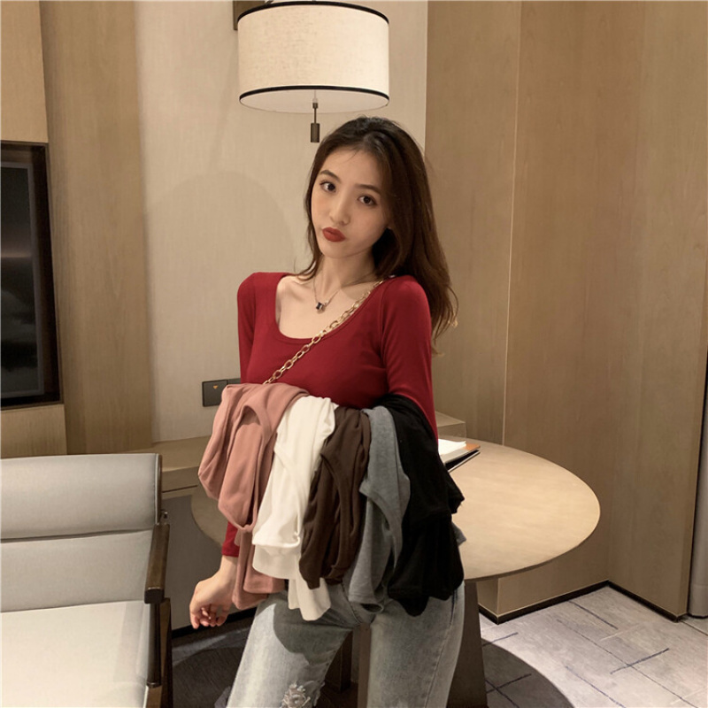 圆领打底衫女式秋冬新款内搭上衣修身外穿少女休闲大U领长袖T恤女