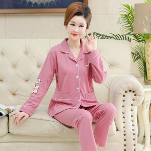 中老年睡衣女士新款长袖开衫翻领女款秋冬季两件套棉质家居服套装