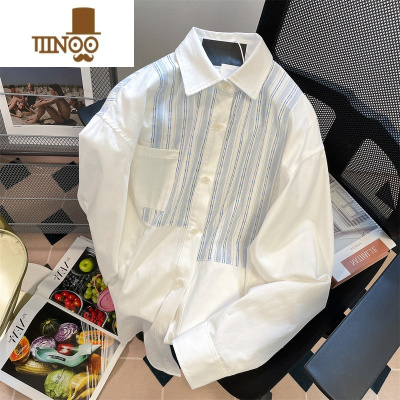 YANXU日系复古小众蓝白条纹拼接衬衫外套男女秋别致法式慵懒风长袖上衣