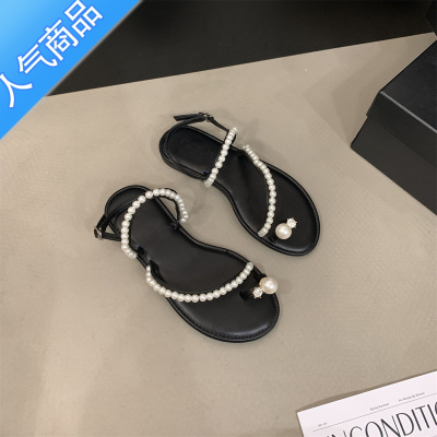 SUNTEK甜美珍珠凉鞋女夏季2023年新款韩版温柔仙女配裙子法式平底罗马鞋