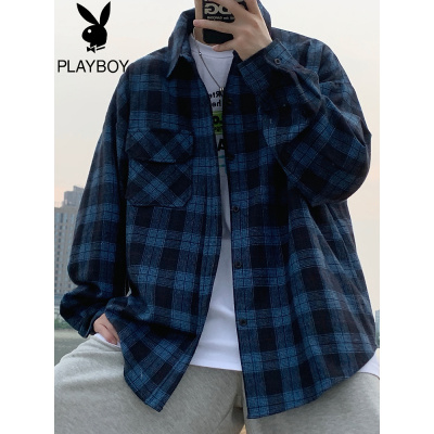 花花公子港风ins设计感上衣百搭秋季格子衬衫外套痞帅长袖衬衣潮
