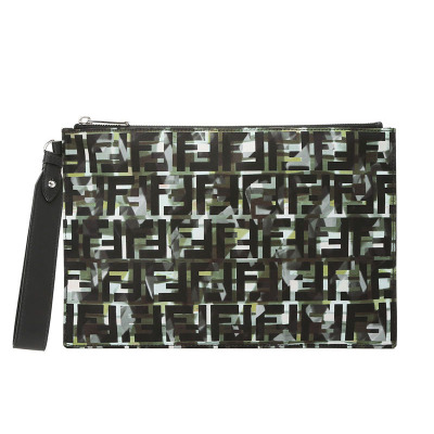 FENDI芬迪POUCH手拿包中号FF标识LOGO织物7N0105银扣拼色