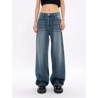 复古美式水洗猫须磨白牛仔裤垂感拖地阔腿裤_81