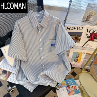 HLCOMAN日系小清新条纹短袖衬衫男生夏季薄款宽松五分袖开衫衬衣外穿bf风