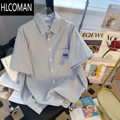 HLCOMAN日系小清新条纹短袖衬衫男生夏季薄款宽松五分袖开衫衬衣外穿bf风