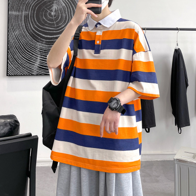 玥鸾(YueLuan)Polo衫男2021新款夏季条纹短袖T恤宽松半袖上衣学生休闲翻领男装