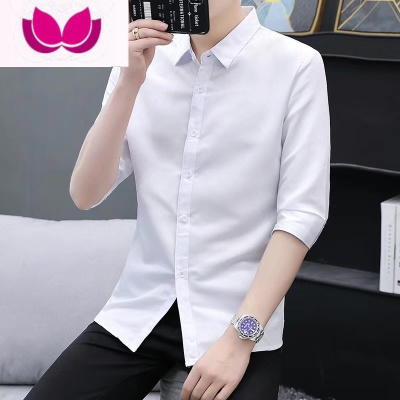 七斓痞帅衬衫男短袖潮牌男士休闲七分袖白衬衣潮流夏季高级感冰丝中袖