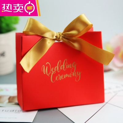 抖音喜糖盒结婚桌上礼婚礼糖果盒结婚糖盒喜糖礼盒袋喜糖盒子创意FENGHOU红色（wedding）+金色丝带大号（装