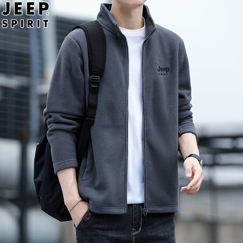 JEEP摇粒绒男士外套春秋款抓绒卫衣运动夹克冬季加绒保暖男装上衣