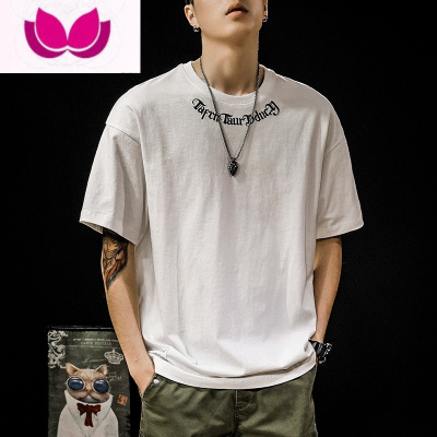 七斓夏季刺绣短袖t恤男潮牌ins宽松大码半袖男士潮流白色体恤