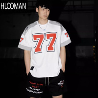 HLCOMAN77冰球短袖美式复古运动拼接休闲橄榄球服篮球嘻哈球衣T恤男女潮