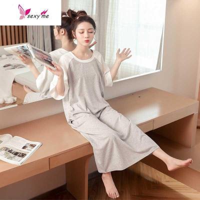 睡衣女夏季韩版中半袖棉超长款过膝连衣裙宽松大码孕妇睡裙胖mmFISHBASKET