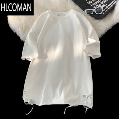 HLCOMAN白色t恤短袖男2024夏季新款破洞设计感纯色简约cleanfit圆领半袖