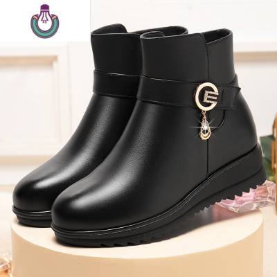 FISHBASKET妈妈鞋皮女士皮鞋保暖中老年短靴加绒坡跟防滑棉鞋2020冬季新款靴子