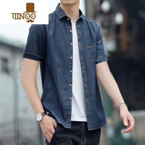 YANXU夏季男士宽松休闲牛仔衬衣时尚短袖衬衫薄款潮流外套大码男装